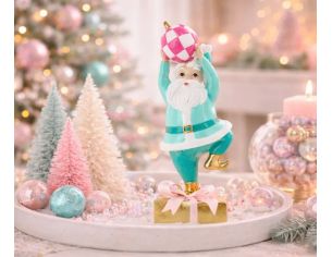 Figurine Noël Père Noël turquoise rose cadeau doré boule damier 22cm - Lilosquare