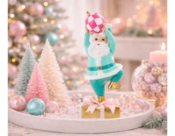 Figurine Noël Père Noël turquoise rose cadeau doré boule damier 22cm - Lilosquare