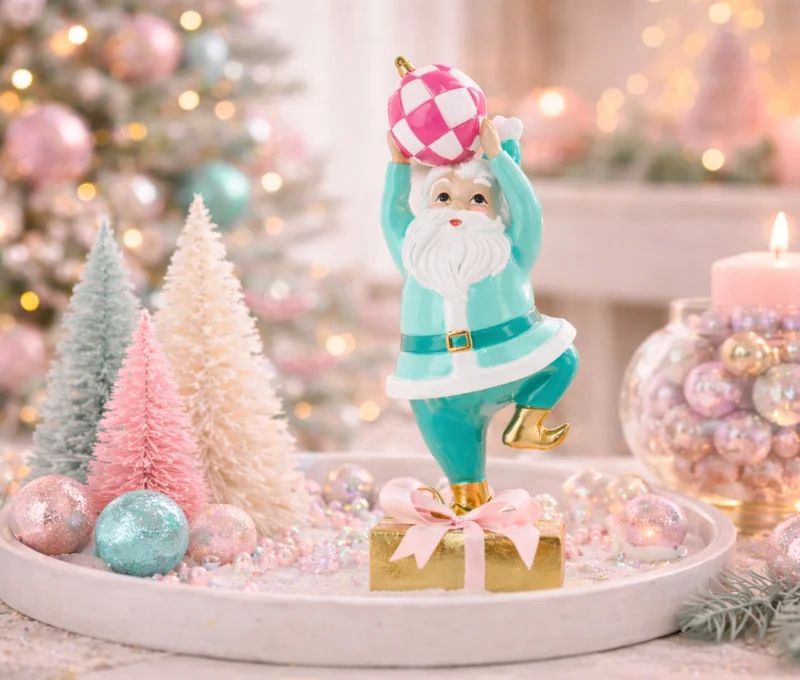 Figurine Noël Père Noël turquoise rose cadeau doré boule damier 22cm - Lilosquare