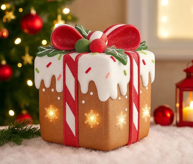 Décoration cadeau pain d'épices lumineux LED rubans sucre d'orge rouges glaçage blanc flocons H41cm