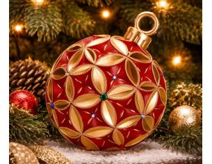 Grande boule Noël LED rouge bourdeaux or motif floral strass décoratif H29cm - Lilosquare