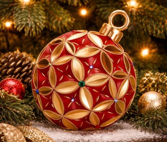Grande boule Noël LED rouge bourdeaux or motif floral strass décoratif H29cm - Lilosquare