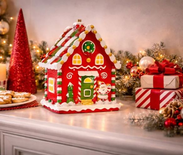 Maison pain d'épices Noël LED rouge vert blanc Père Noël H25cm - Lilosquare
