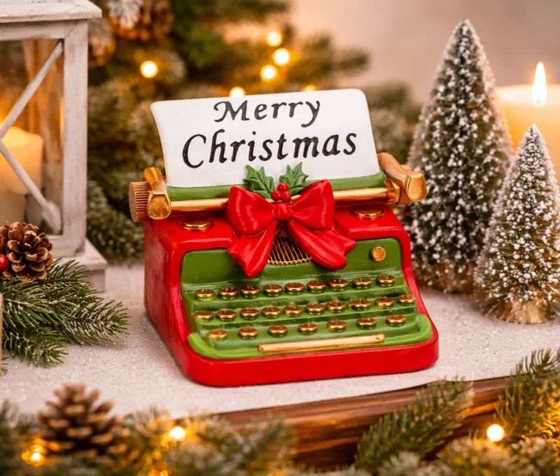 Décoration Noël machine à écrire rouge vert nœud rouge Merry Christmas houx - Lilosquare