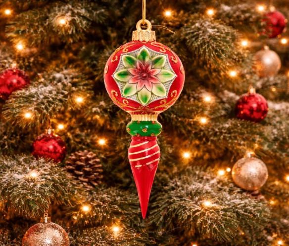 Goutte de Noël vintage poinsettia rouge vert or flèche torsadée H25cm - Lilosquare