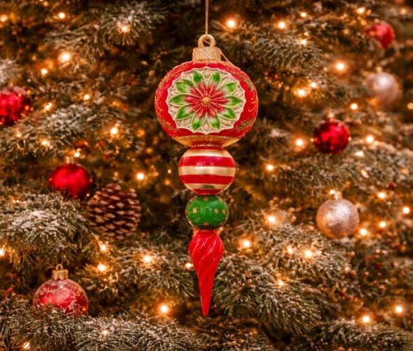 Goutte Noël vintage réflecteur rouge vert or boules empilées pointe torsadée H30cm - Lilosquare