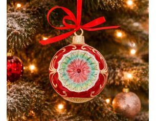 Boule de Noël vintage réflecteur rouge vert médaillon floral ruban rouge - Lilosquare