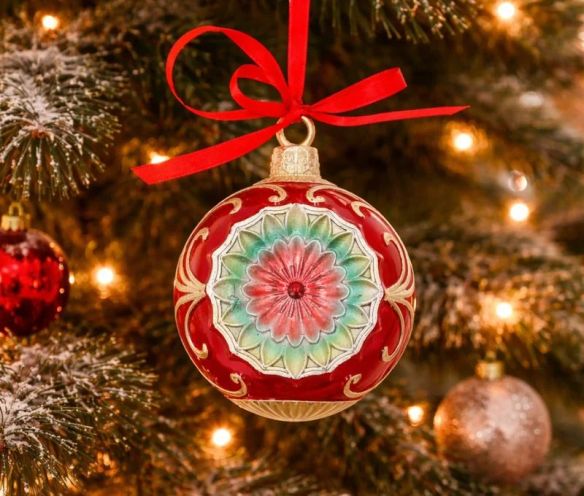 Boule de Noël vintage réflecteur rouge vert médaillon floral ruban rouge - Lilosquare
