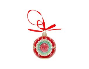 Boule de Noël vintage réflecteur rouge vert médaillon floral ruban rouge Ø12cm - Lilosquare