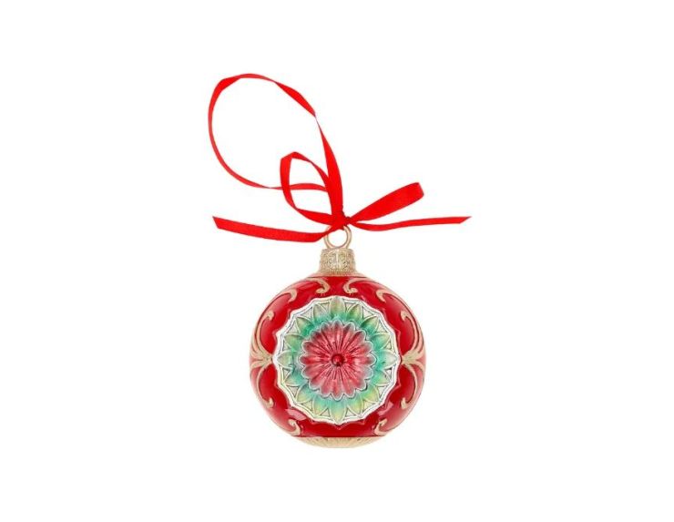 Boule de Noël vintage réflecteur rouge vert médaillon floral ruban rouge Ø12cm - Lilosquare