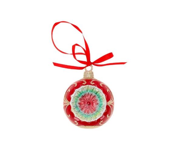Boule de Noël vintage réflecteur rouge vert médaillon floral ruban rouge Ø12cm - Lilosquare