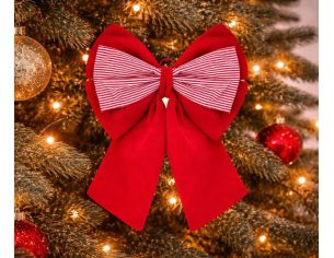 Grand nœud de Noël rouge velours centre rayé rouge blanc 32x46cm - Lilosquare