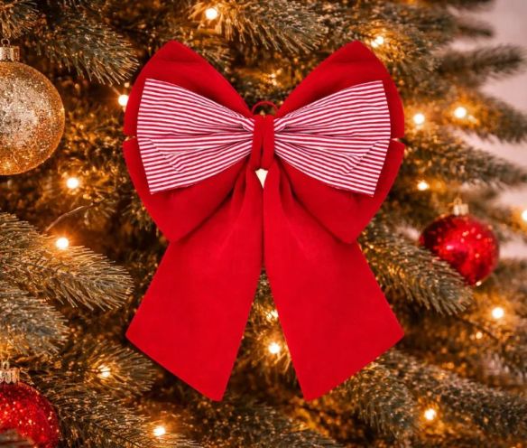 Grand nœud de Noël rouge velours centre rayé rouge blanc 32x46cm - Lilosquare