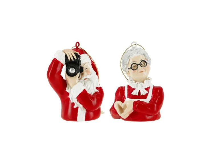 Set 2 suspensions Noël Père Noël photographe Mère Noël cœur rouge blanc H8cm - Lilosquare