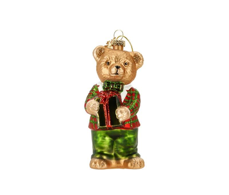 Suspension Noël ourson verre veste tartan rouge vert cadeau fil doré H13cm - Lilosquare