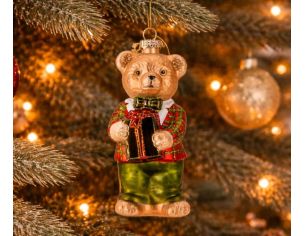 Suspension Noël ourson verre veste tartan rouge vert cadeau fil doré H13cm - Lilosquare