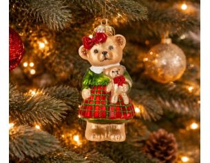 Suspension Noël maman ourse verre robe tartan rouge vert nœud ourson fil doré H13cm - Lilosquare