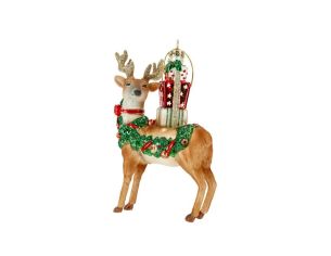 Suspension Noël renne verre guirlande verte cadeaux bois dorés pailletés H15cm - Lilosquare