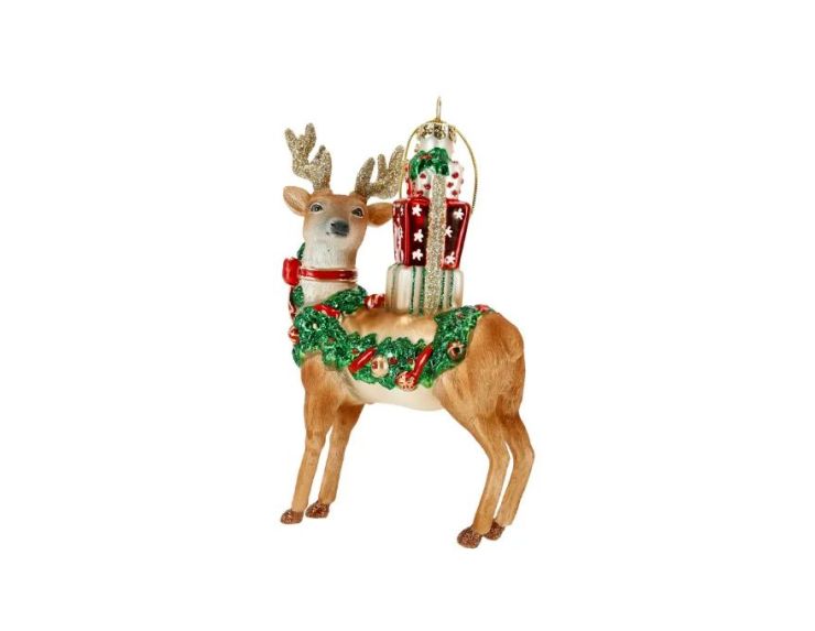 Suspension Noël renne verre guirlande verte cadeaux bois dorés pailletés H15cm - Lilosquare