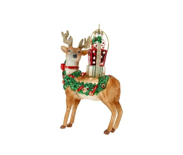 Suspension Noël renne verre guirlande verte cadeaux bois dorés pailletés H15cm - Lilosquare