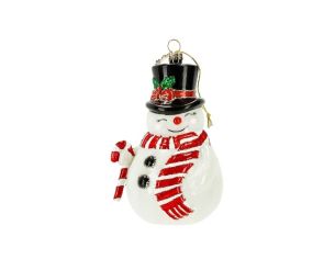 Suspension Noël bonhomme de neige verre chapeau noir écharpe rouge sucre d'orge H14cm - Lilosquare
