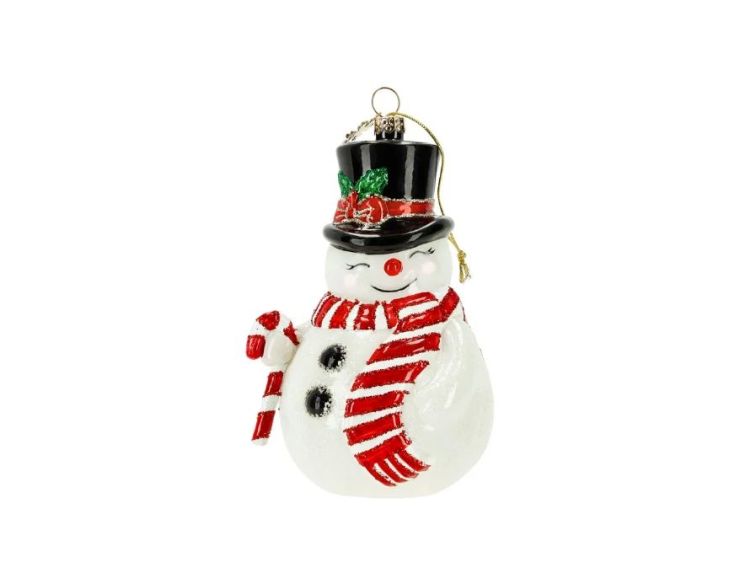 Suspension Noël bonhomme de neige verre chapeau noir écharpe rouge sucre d'orge H14cm - Lilosquare