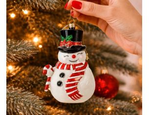 Suspension Noël bonhomme de neige verre chapeau noir écharpe rouge sucre d'orge H14cm - Lilosquare