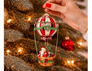 Suspension Noël Père Noël montgolfière verre rouge or vert nacelle osier H24cm - Lilosquare