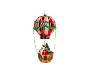 Suspension Noël Père Noël montgolfière verre rouge or vert nacelle osier H24cm - Lilosquare