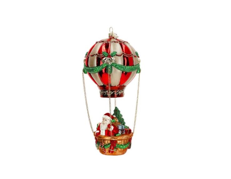 Suspension Noël Père Noël montgolfière verre rouge or vert nacelle osier H24cm - Lilosquare