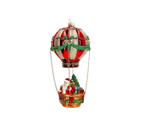 Suspension Noël Père Noël montgolfière verre rouge or vert nacelle osier H24cm - Lilosquare