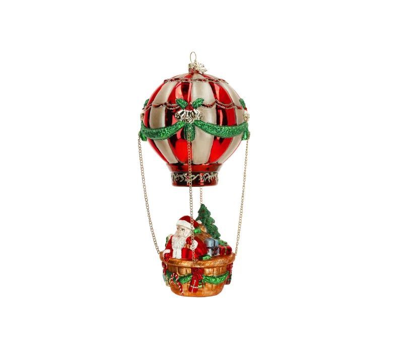 Suspension Noël Père Noël montgolfière verre rouge or vert nacelle osier H24cm - Lilosquare