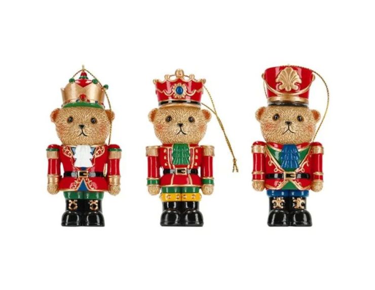 Set 3 suspensions Noël oursons casse-noisette uniformes rouge vert bleu or H9cm - Lilosquare