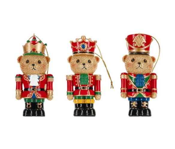 Set 3 suspensions Noël oursons casse-noisette uniformes rouge vert bleu or H9cm - Lilosquare