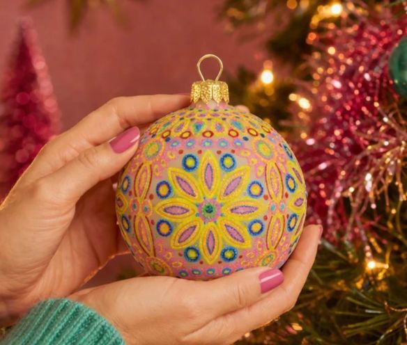 Boule Noël verre soufflé mandala floral rose jaune orange multicolore pièce unique Ø10cm - Lilosquare