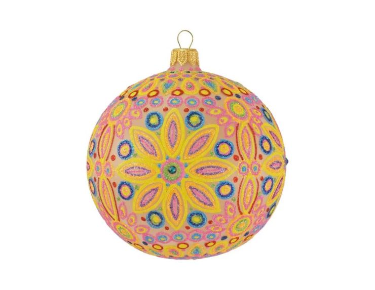 Boule Noël verre soufflé mandala floral rose jaune orange multicolore pièce unique Ø10cm - Lilosquare