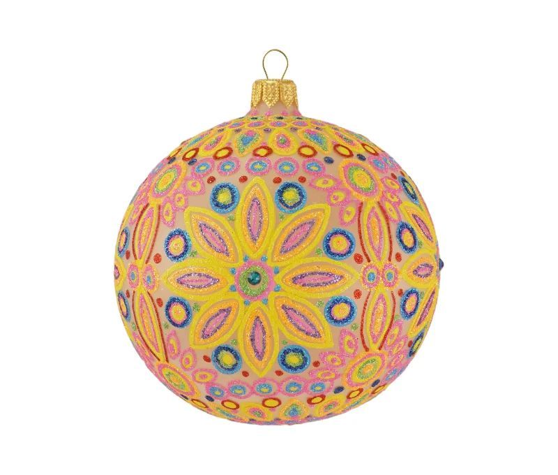 Boule Noël verre soufflé mandala floral rose jaune orange multicolore pièce unique Ø10cm - Lilosquare