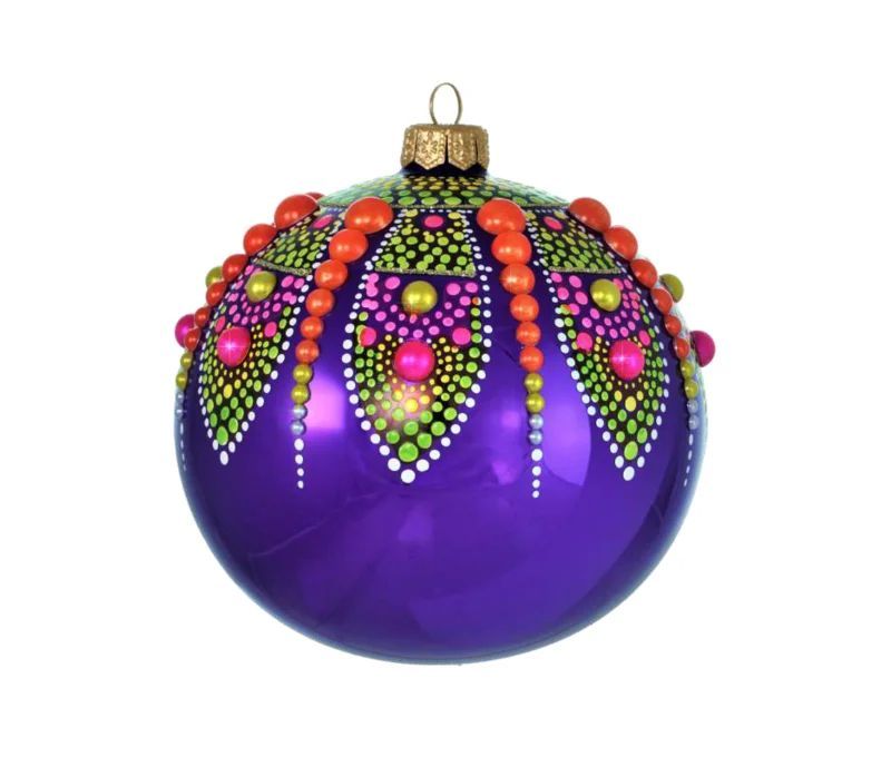 Boule Noël verre soufflé mandala violet perles orange rose vert peinte main Ø12cm - Lilosquare