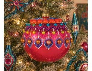 Boule Noël verre soufflé mandala corail fuchsia perles orange dorées turquoise peinte main Ø12cm - Lilosquare