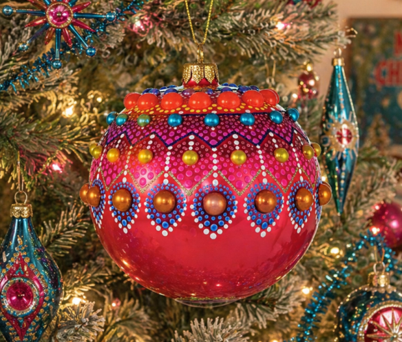 Boule Noël verre soufflé mandala corail fuchsia perles orange dorées turquoise peinte main Ø12cm - Lilosquare