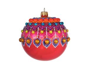 Boule Noël verre soufflé mandala corail fuchsia perles orange dorées turquoise peinte main Ø12cm - Lilosquare