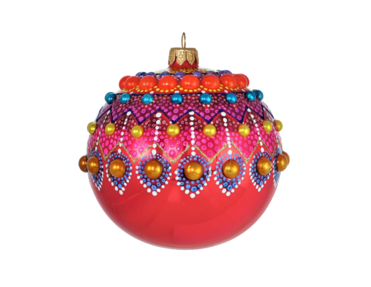 Boule Noël verre soufflé mandala corail fuchsia perles orange dorées turquoise peinte main Ø12cm - Lilosquare