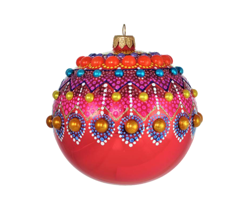 Boule Noël verre soufflé mandala corail fuchsia perles orange dorées turquoise peinte main Ø12cm - Lilosquare
