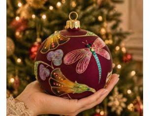 Boule Noël verre soufflé bordeaux libellule rose cristaux Preciosa fleurs orangées peinte main Ø12cm - Lilosquare