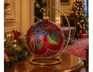 Boule Noël verre soufflé rouge poinsettia bleu vert 50 cristaux Preciosa peinte main Ø12cm - Lilosquare
