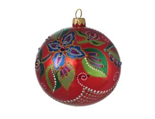 Boule Noël verre soufflé rouge poinsettia bleu vert 50 cristaux Preciosa peinte main Ø12cm - Lilosquare