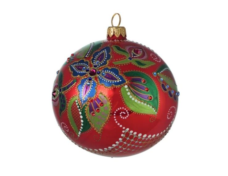 Boule Noël verre soufflé rouge poinsettia bleu vert 50 cristaux Preciosa peinte main Ø12cm - Lilosquare