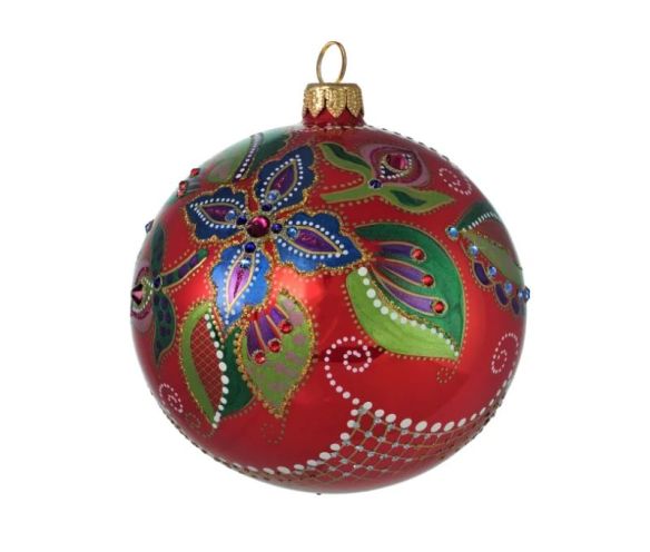Boule Noël verre soufflé rouge poinsettia bleu vert 50 cristaux Preciosa peinte main Ø12cm - Lilosquare