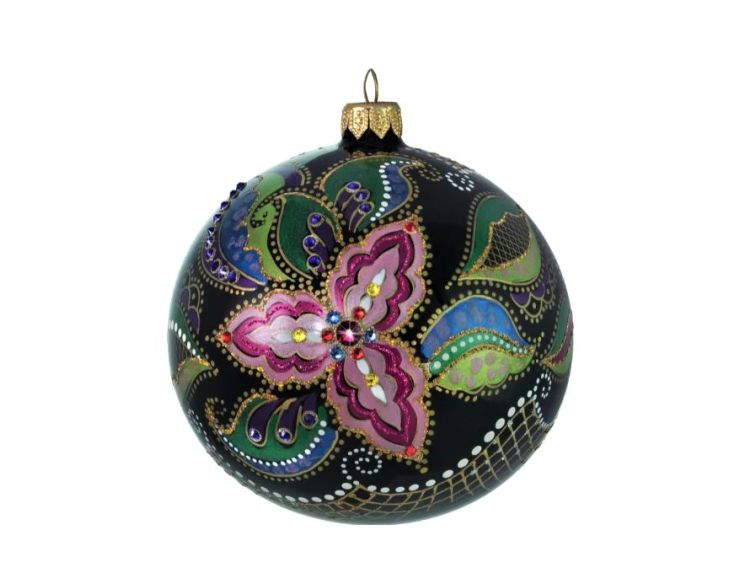 Boule Noël verre soufflé noir fleur rose fuchsia paisley cristaux Preciosa peinte main Ø12cm - Lilosquare