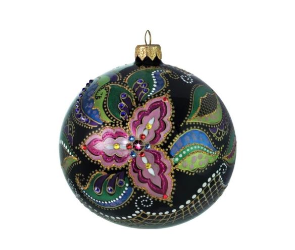 Boule Noël verre soufflé noir fleur rose fuchsia paisley cristaux Preciosa peinte main Ø12cm - Lilosquare